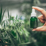 una mano que muestra un bote de aceite en gotas de CBD. al lado tiene la planta de cannabis legal