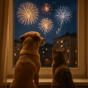 perro y gato mirando por una ventana tranquilos porque han tomado cbd